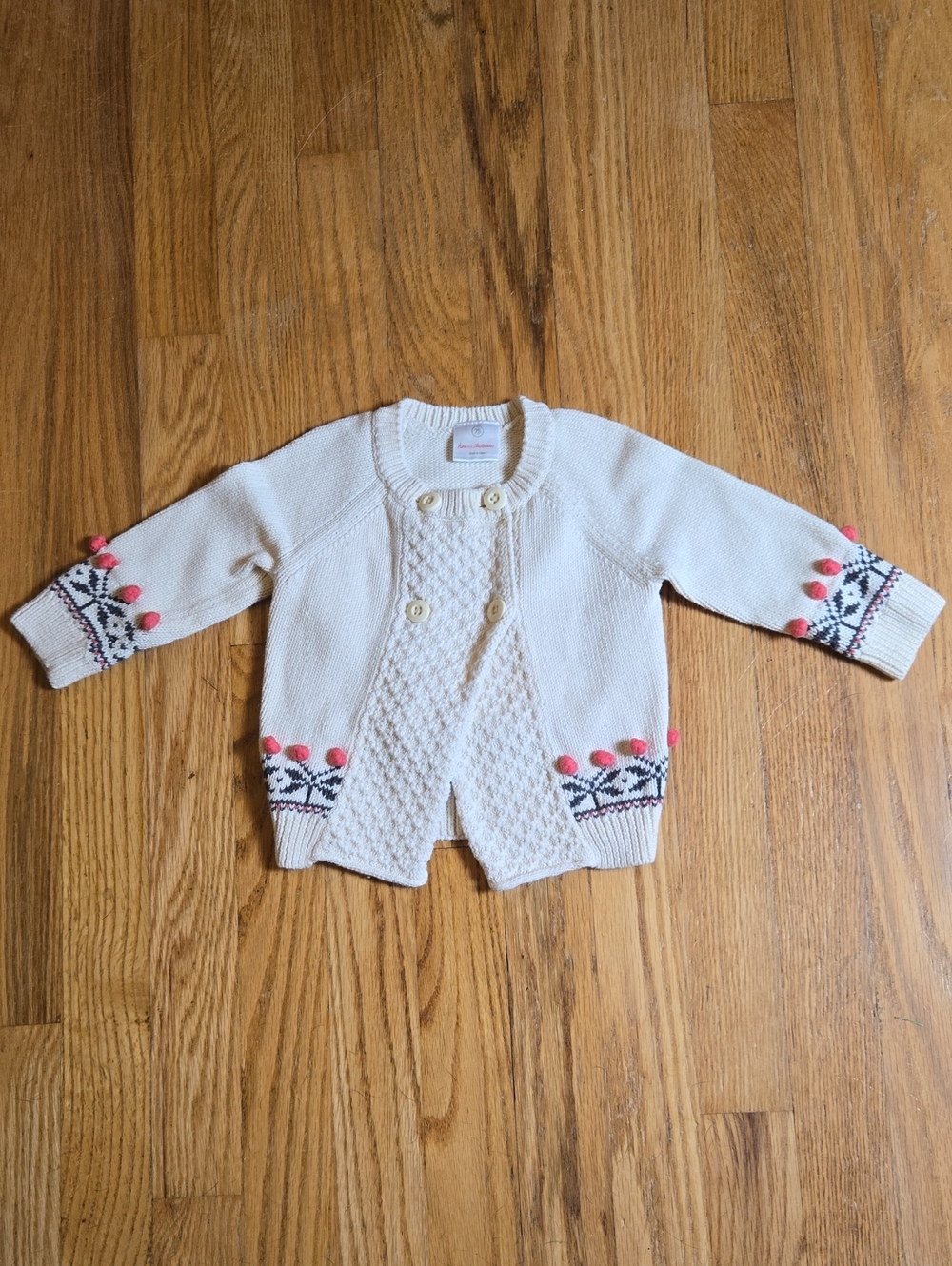 Hanna Andersson cream cotton knit pom pom trim cardigan sweater 75/12-18 mos